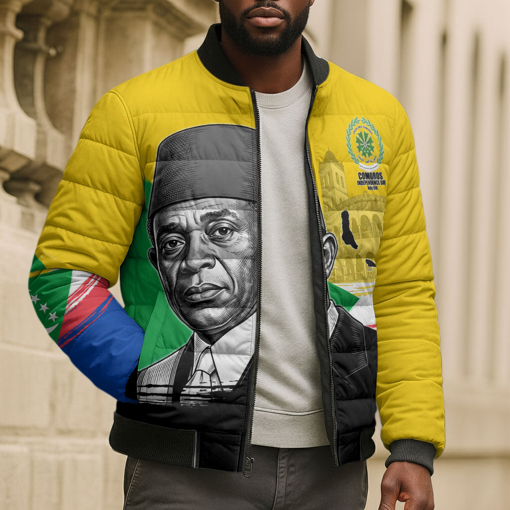 Personalized Comoros Independence Day Bomber Puffer Jacket Ahmed Abdallah Vintage Portrait Sketch