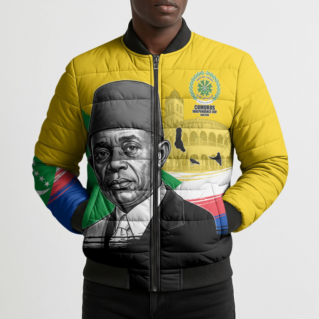 Personalized Comoros Independence Day Bomber Puffer Jacket Ahmed Abdallah Vintage Portrait Sketch