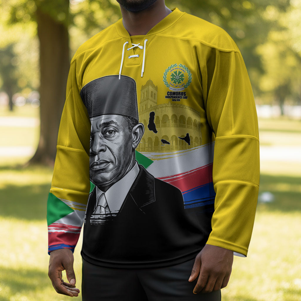 Personalized Comoros Independence Day Hockey Jersey Ahmed Abdallah Vintage Portrait Sketch