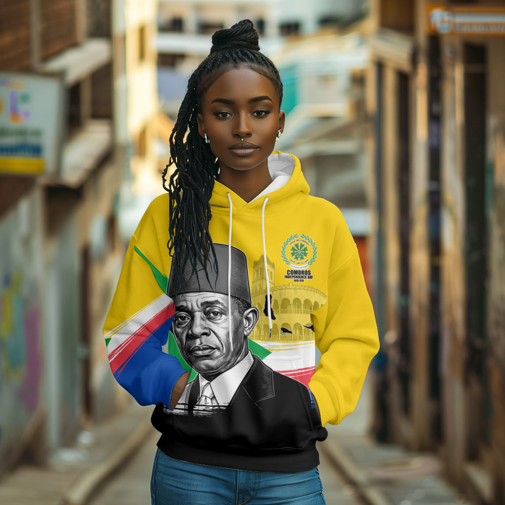 Personalized Comoros Independence Day Hoodie Ahmed Abdallah Vintage Portrait Sketch