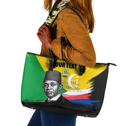 Personalized Comoros Independence Day Leather Tote Bag Ahmed Abdallah Vintage Portrait Sketch