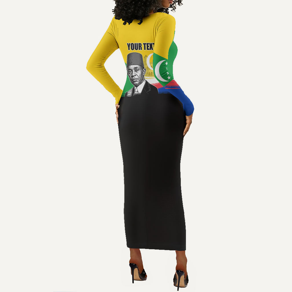 Personalized Comoros Independence Day Long Sleeve Bodycon Dress Ahmed Abdallah Vintage Portrait Sketch