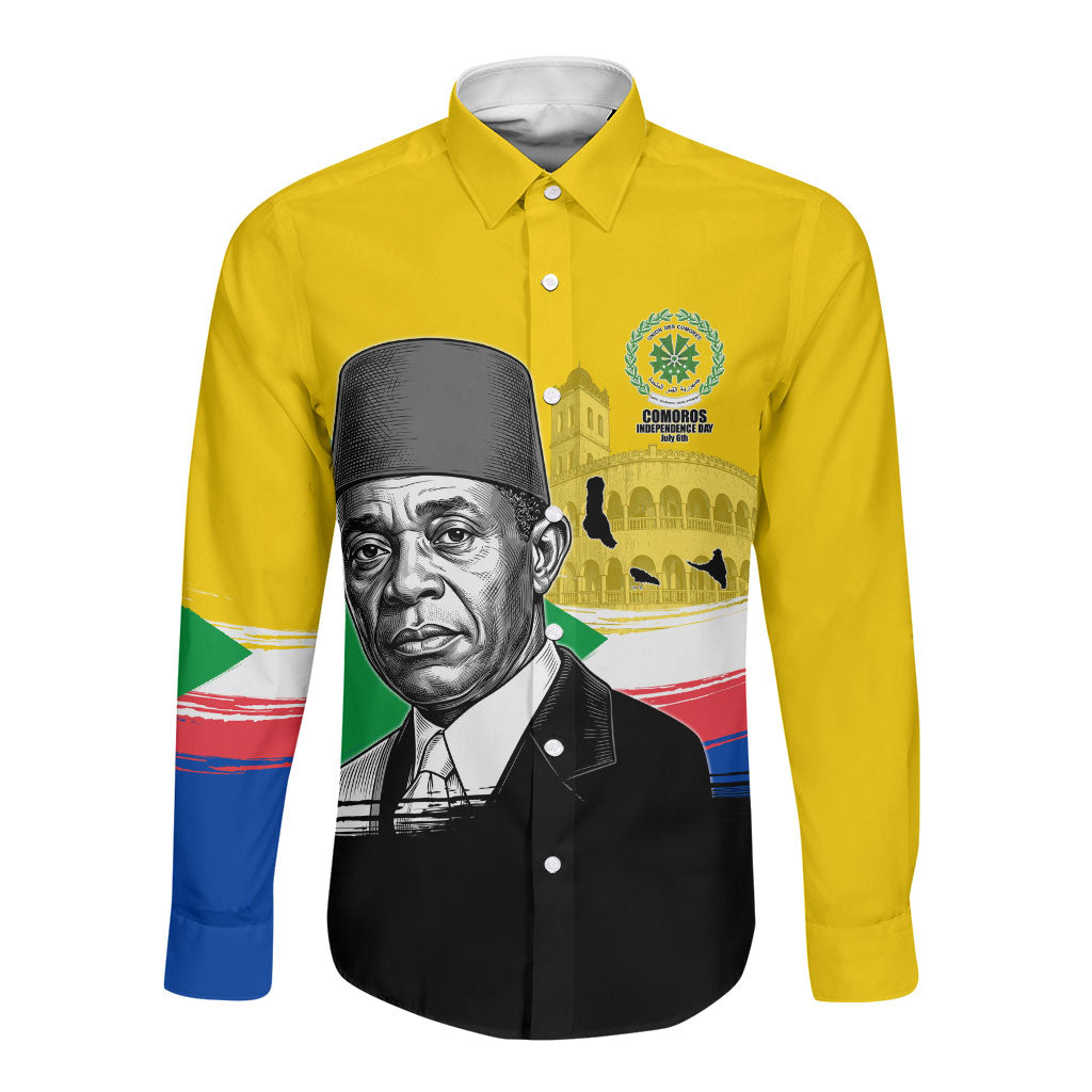 Personalized Comoros Independence Day Long Sleeve Button Shirt Ahmed Abdallah Vintage Portrait Sketch