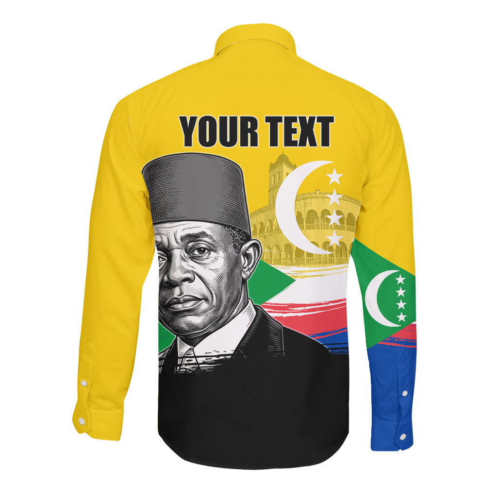 Personalized Comoros Independence Day Long Sleeve Button Shirt Ahmed Abdallah Vintage Portrait Sketch
