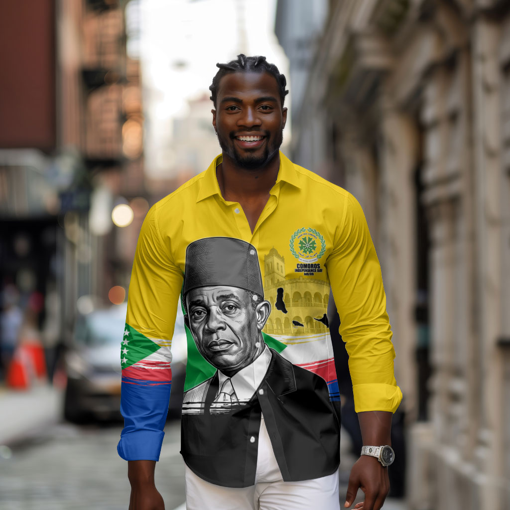 Personalized Comoros Independence Day Long Sleeve Button Shirt Ahmed Abdallah Vintage Portrait Sketch
