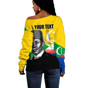 Personalized Comoros Independence Day Off Shoulder Sweater Ahmed Abdallah Vintage Portrait Sketch
