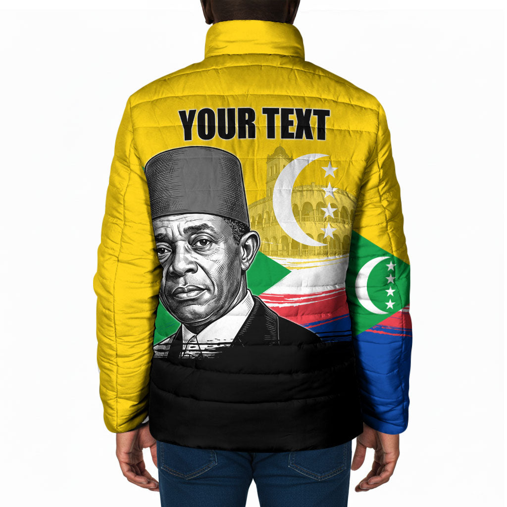 Personalized Comoros Independence Day Padded Jacket Ahmed Abdallah Vintage Portrait Sketch