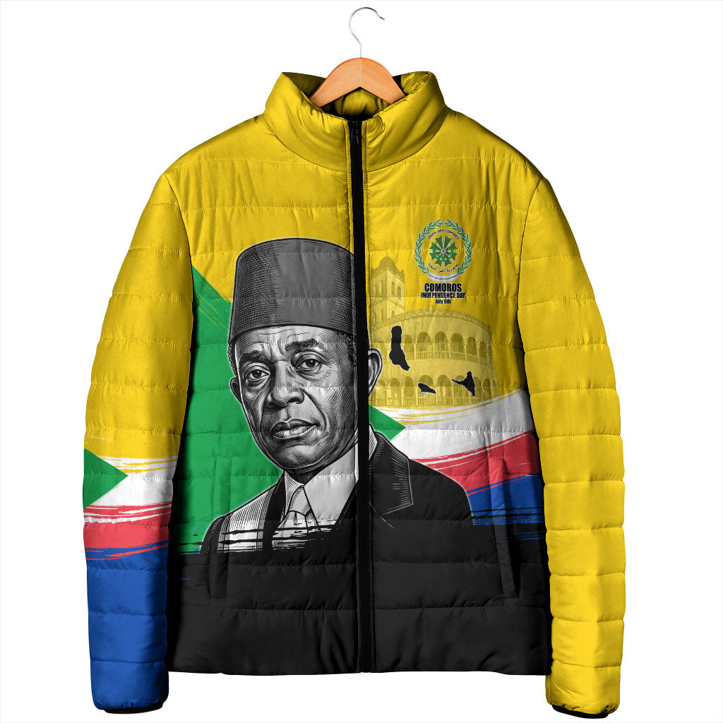 Personalized Comoros Independence Day Padded Jacket Ahmed Abdallah Vintage Portrait Sketch