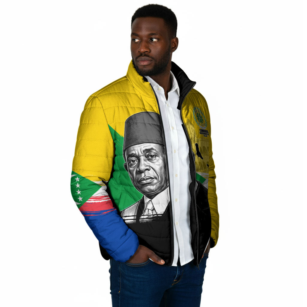 Personalized Comoros Independence Day Padded Jacket Ahmed Abdallah Vintage Portrait Sketch
