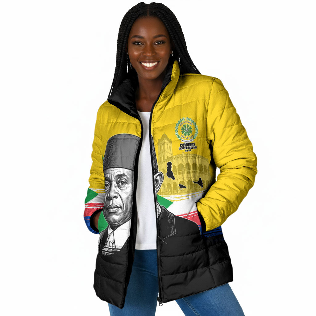 Personalized Comoros Independence Day Padded Jacket Ahmed Abdallah Vintage Portrait Sketch