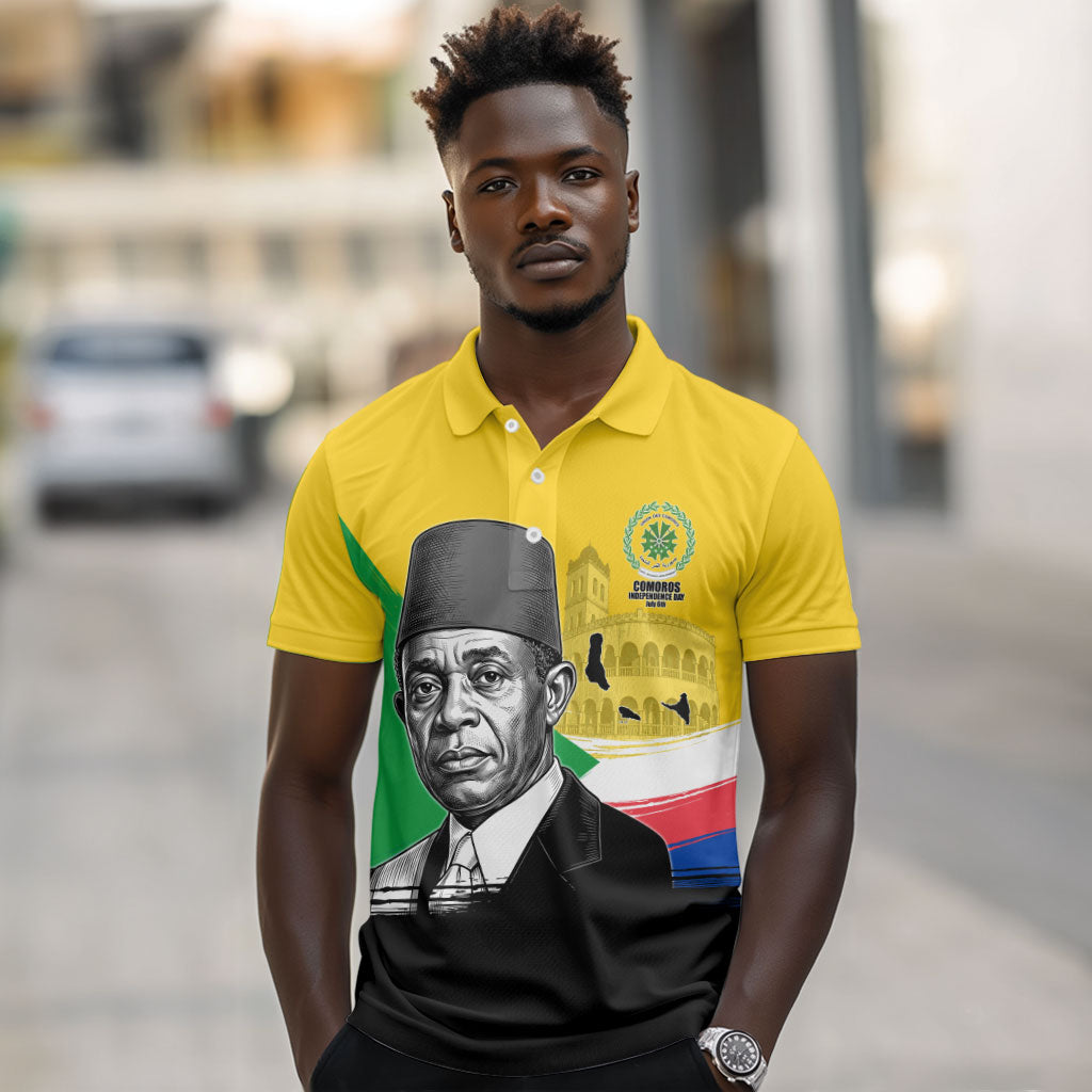 Personalized Comoros Independence Day Polo Shirt Ahmed Abdallah Vintage Portrait Sketch