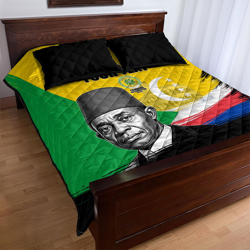 Personalized Comoros Independence Day Quilt Bed Set Ahmed Abdallah Vintage Portrait Sketch