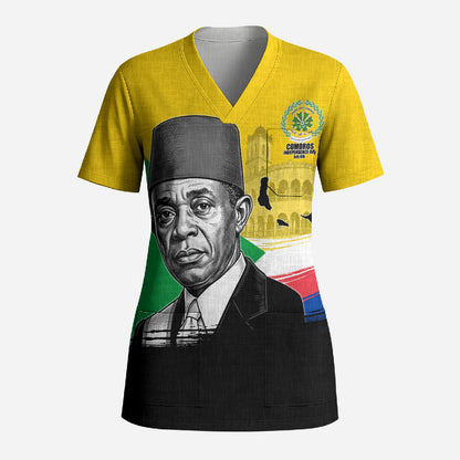 Personalized Comoros Independence Day Scrub Top Ahmed Abdallah Vintage Portrait Sketch