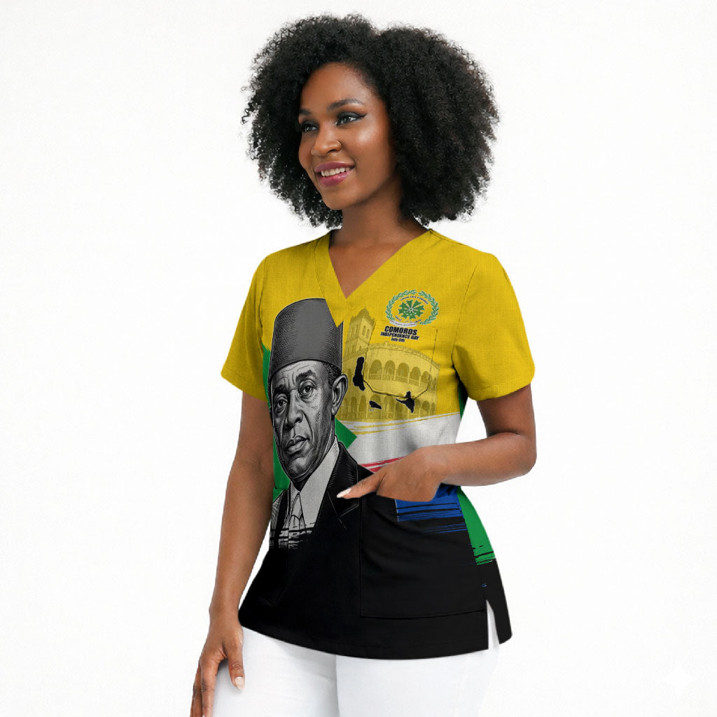 Personalized Comoros Independence Day Scrub Top Ahmed Abdallah Vintage Portrait Sketch