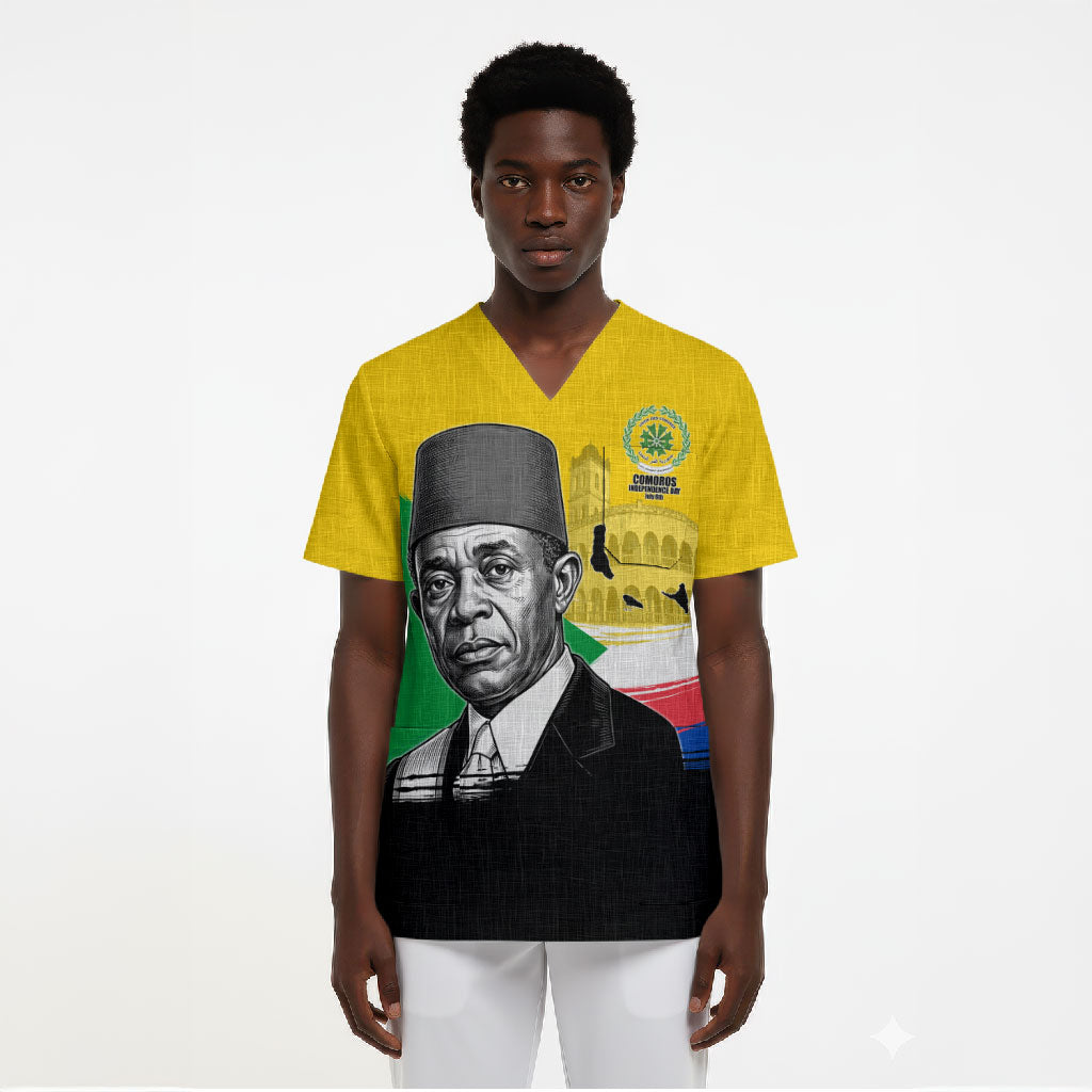 Personalized Comoros Independence Day Scrub Top Ahmed Abdallah Vintage Portrait Sketch