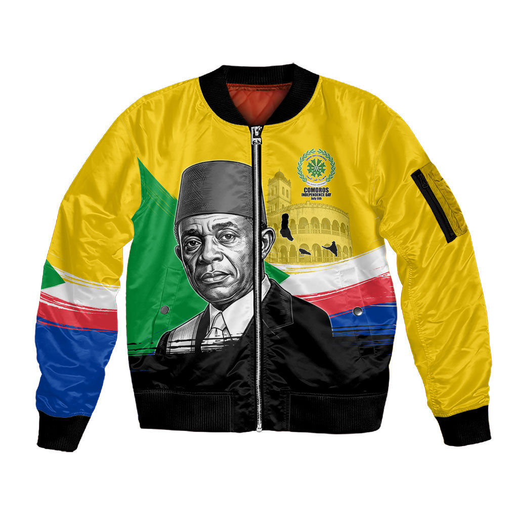 Personalized Comoros Independence Day Sleeve Zip Bomber Jacket Ahmed Abdallah Vintage Portrait Sketch