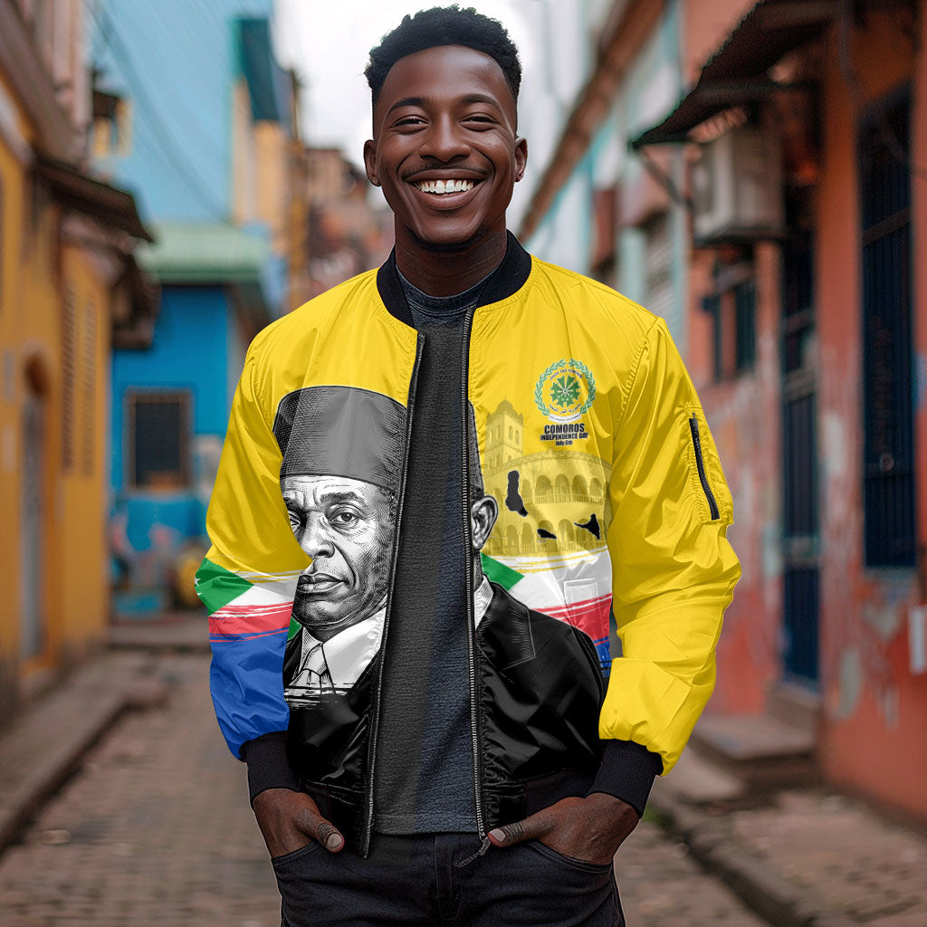 Personalized Comoros Independence Day Sleeve Zip Bomber Jacket Ahmed Abdallah Vintage Portrait Sketch