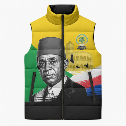 Personalized Comoros Independence Day Sleeveless Puffer Jacket Ahmed Abdallah Vintage Portrait Sketch