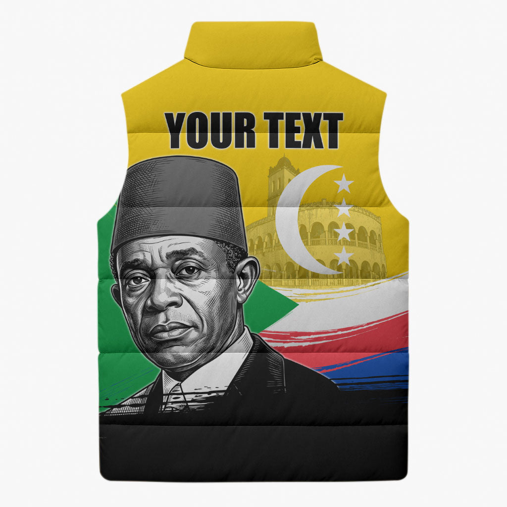 Personalized Comoros Independence Day Sleeveless Puffer Jacket Ahmed Abdallah Vintage Portrait Sketch