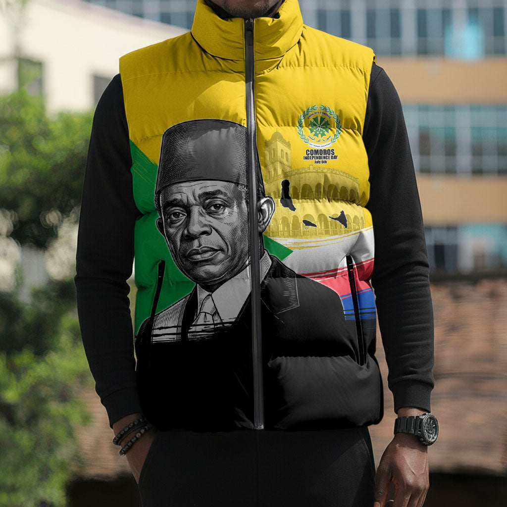 Personalized Comoros Independence Day Sleeveless Puffer Jacket Ahmed Abdallah Vintage Portrait Sketch