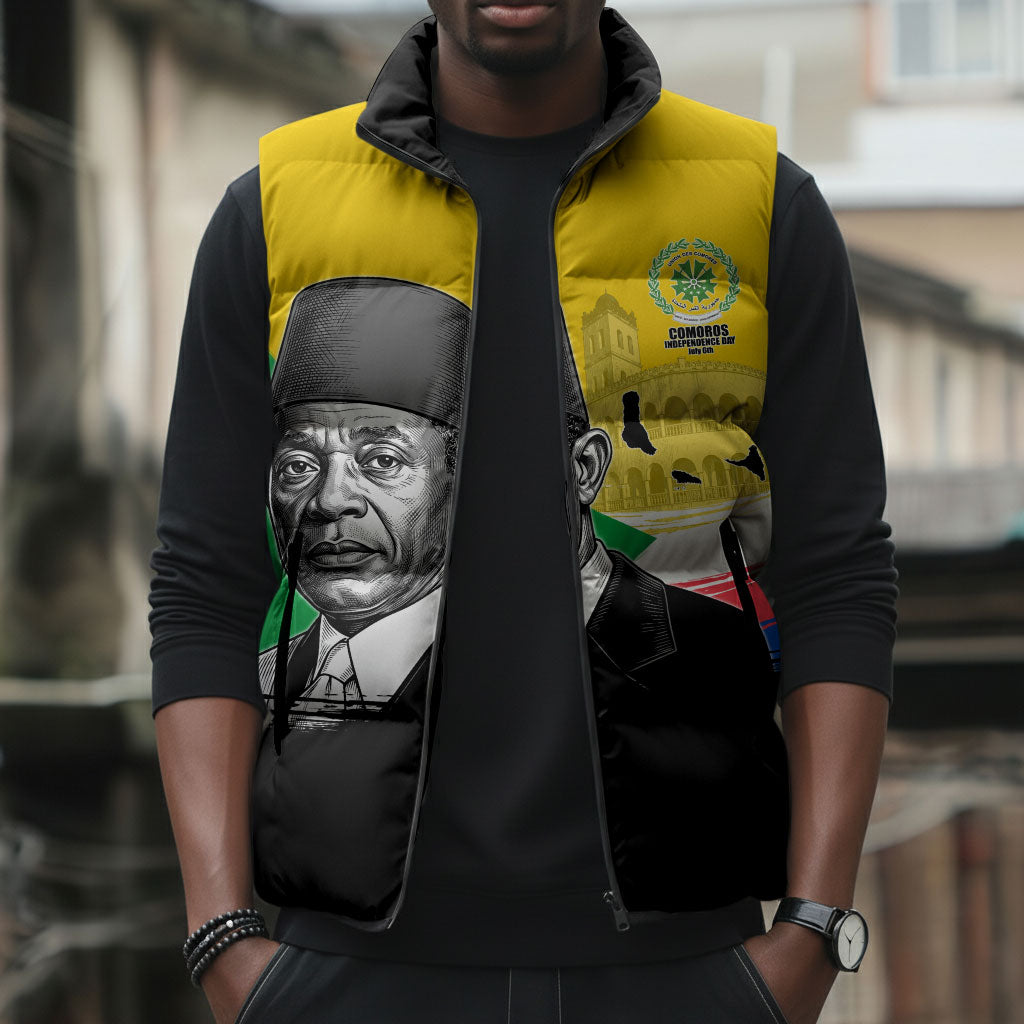 Personalized Comoros Independence Day Sleeveless Puffer Jacket Ahmed Abdallah Vintage Portrait Sketch