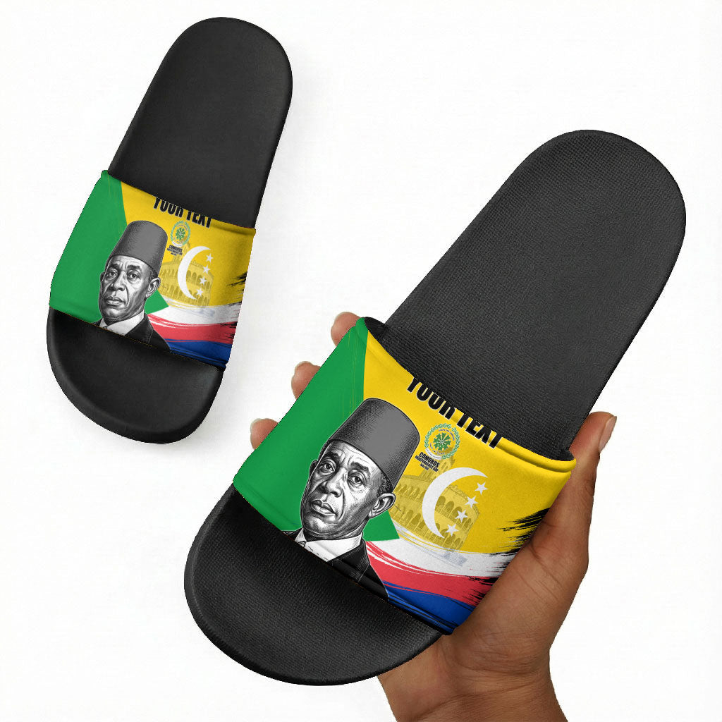 Personalized Comoros Independence Day Slide Sandals Ahmed Abdallah Vintage Portrait Sketch