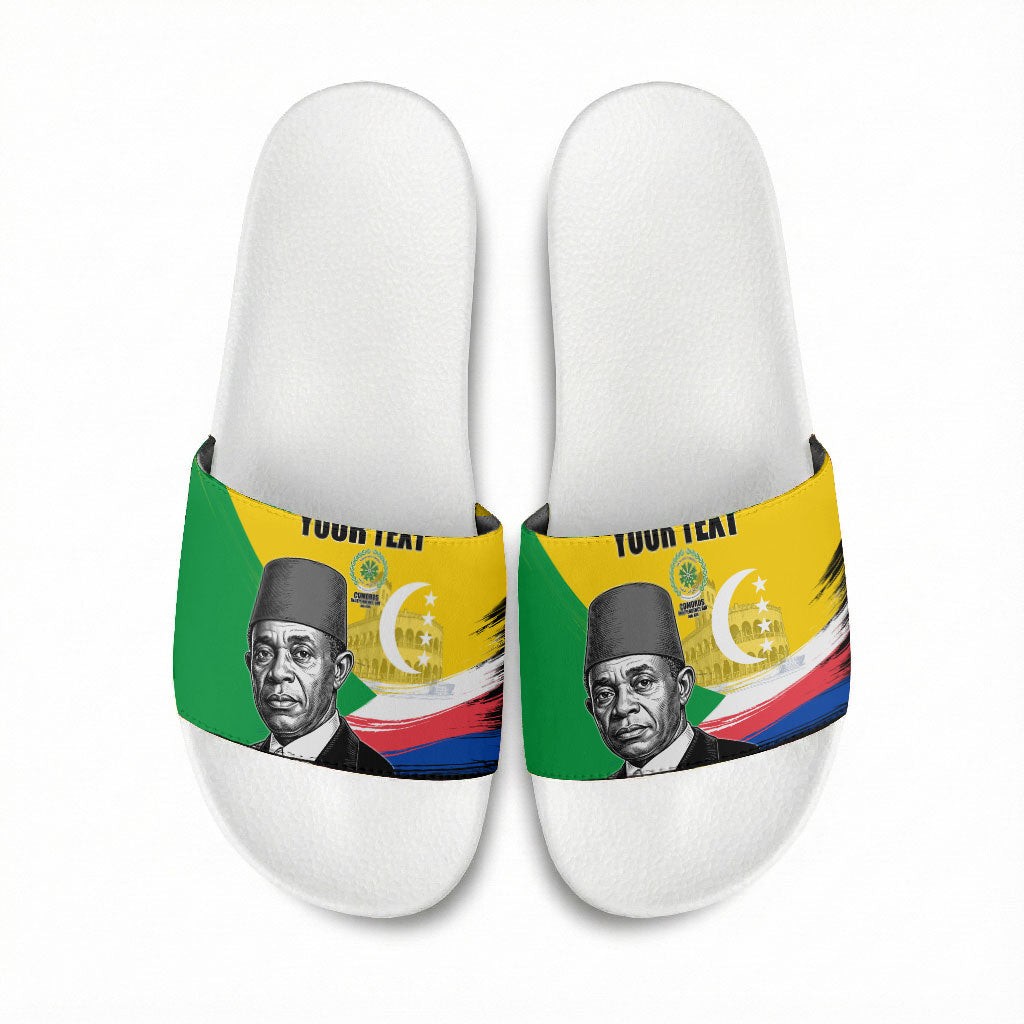 Personalized Comoros Independence Day Slide Sandals Ahmed Abdallah Vintage Portrait Sketch