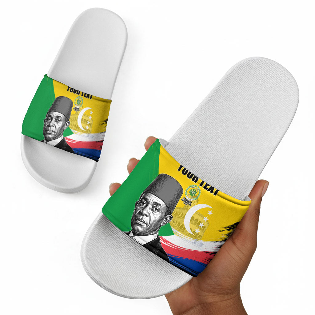 Personalized Comoros Independence Day Slide Sandals Ahmed Abdallah Vintage Portrait Sketch