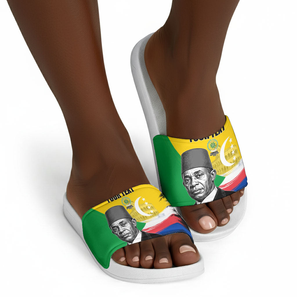 Personalized Comoros Independence Day Slide Sandals Ahmed Abdallah Vintage Portrait Sketch