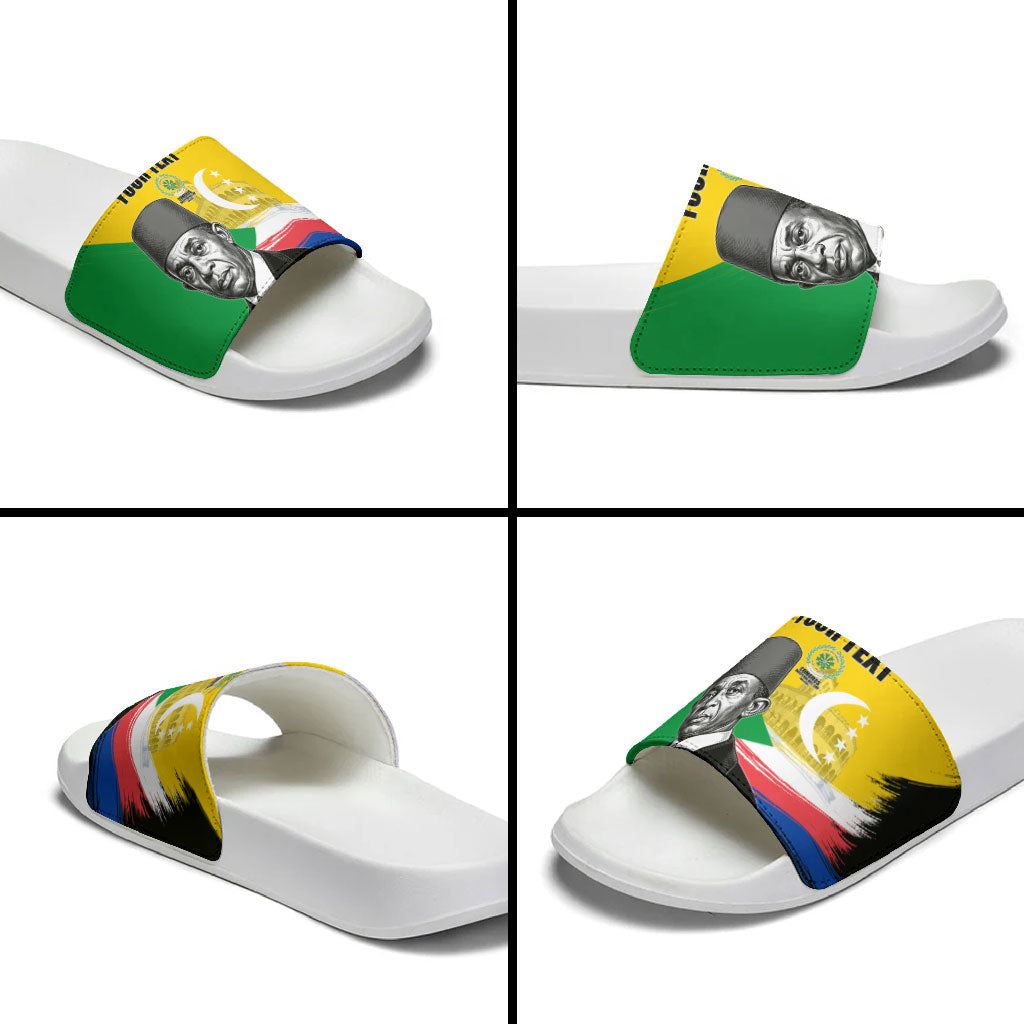 Personalized Comoros Independence Day Slide Sandals Ahmed Abdallah Vintage Portrait Sketch