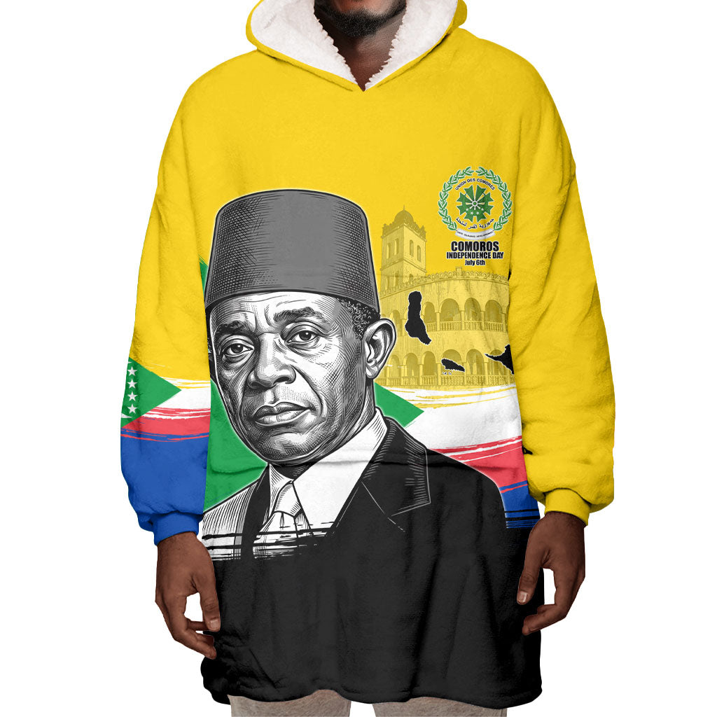Personalized Comoros Independence Day Wearable Blanket Hoodie Ahmed Abdallah Vintage Portrait Sketch