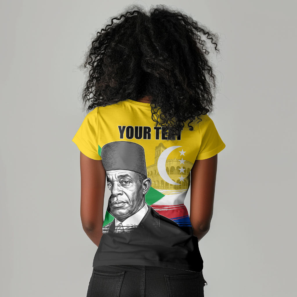 Personalized Comoros Independence Day Women V-Neck T-Shirt Ahmed Abdallah Vintage Portrait Sketch