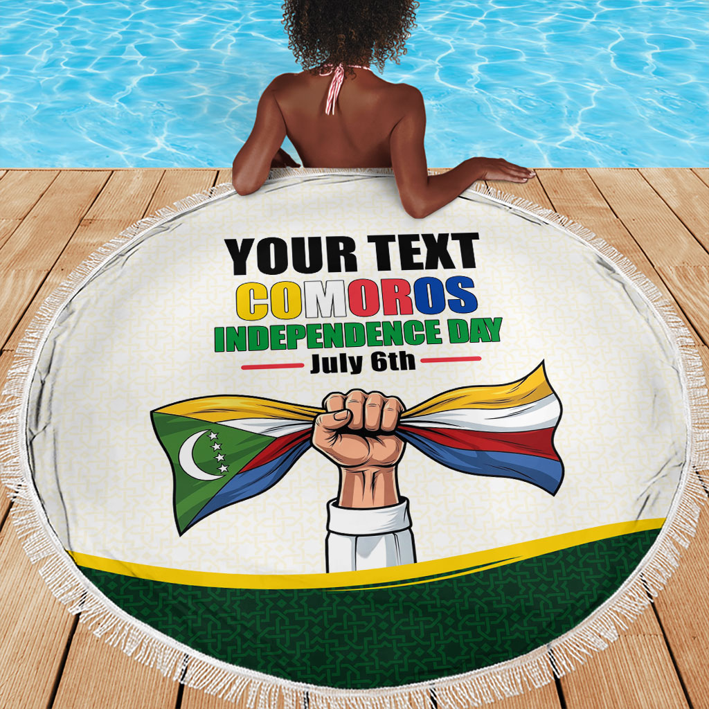 Personalized Comoros Independence Day Beach Blanket July 6th National Pride Flag Graphic With Heritage Emblem