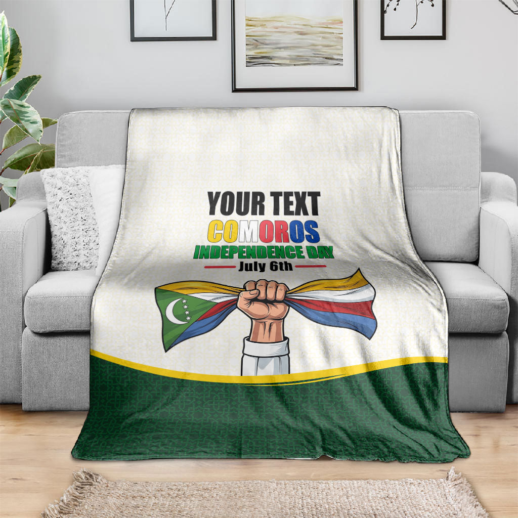 Personalized Comoros Independence Day Blanket July 6th National Pride Flag Graphic With Heritage Emblem