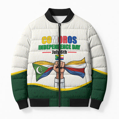 Personalized Comoros Independence Day Bomber Puffer Jacket July 6th National Pride Flag Graphic With Heritage Emblem