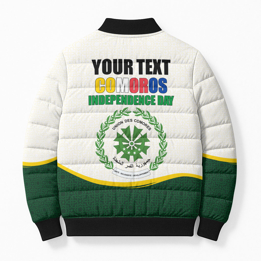 Personalized Comoros Independence Day Bomber Puffer Jacket July 6th National Pride Flag Graphic With Heritage Emblem