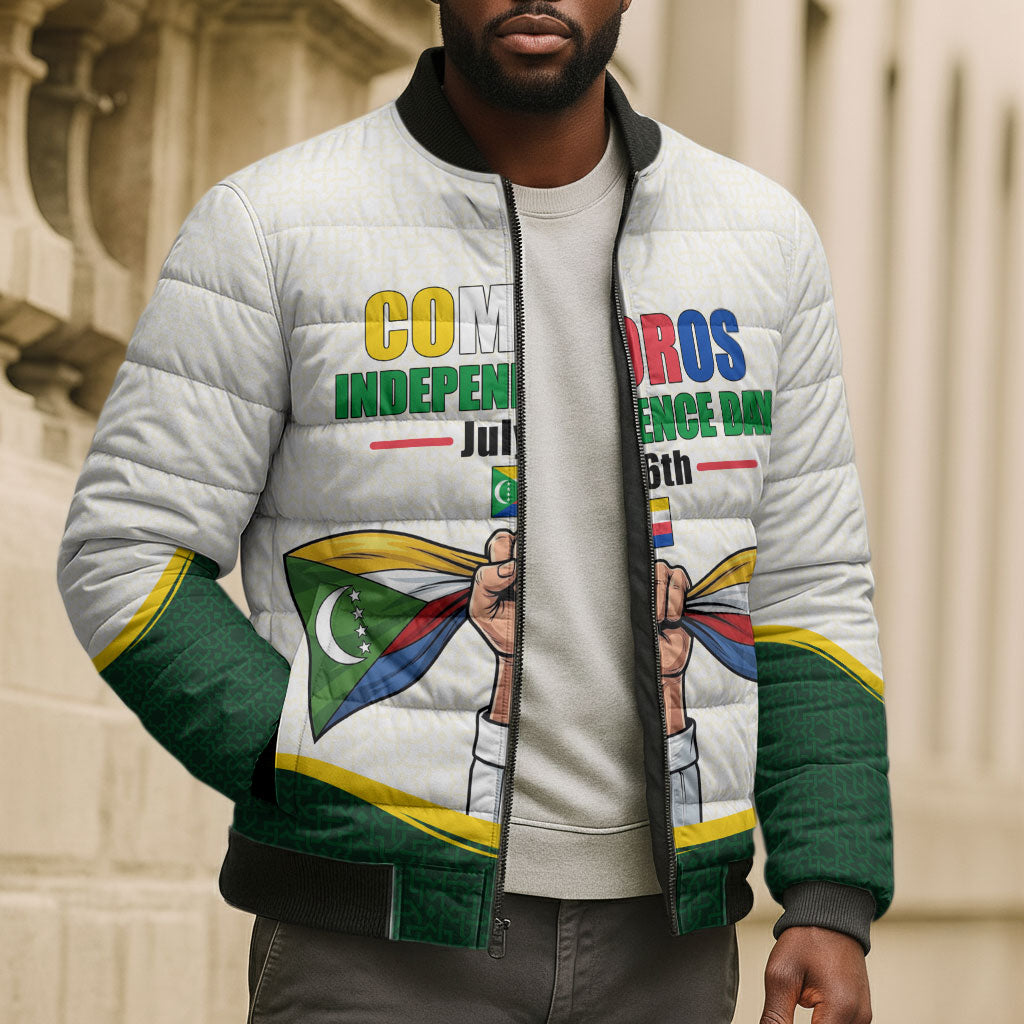 Personalized Comoros Independence Day Bomber Puffer Jacket July 6th National Pride Flag Graphic With Heritage Emblem