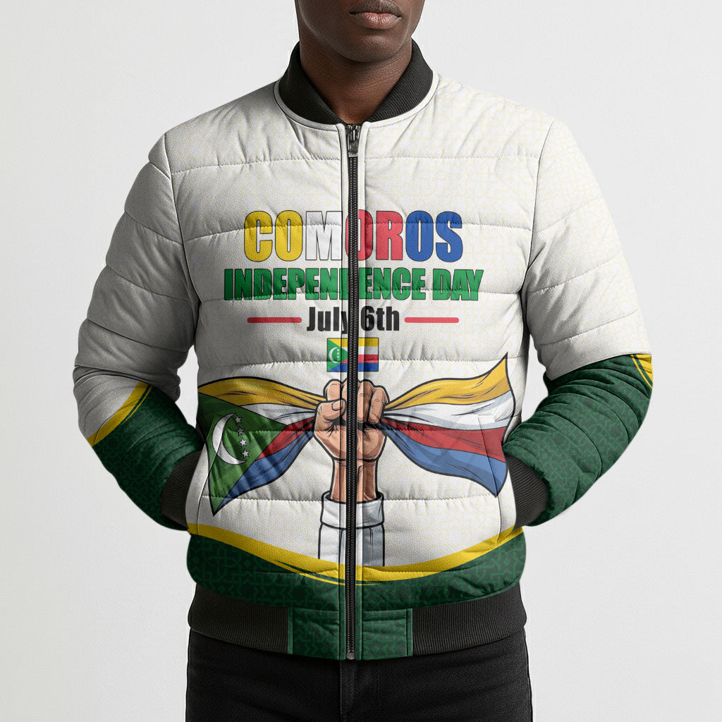 Personalized Comoros Independence Day Bomber Puffer Jacket July 6th National Pride Flag Graphic With Heritage Emblem