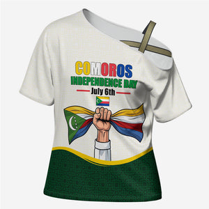 Personalized Comoros Independence Day Cross Shoulder Shirt July 6th National Pride Flag Graphic With Heritage Emblem