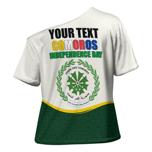 Personalized Comoros Independence Day Cross Shoulder Shirt July 6th National Pride Flag Graphic With Heritage Emblem