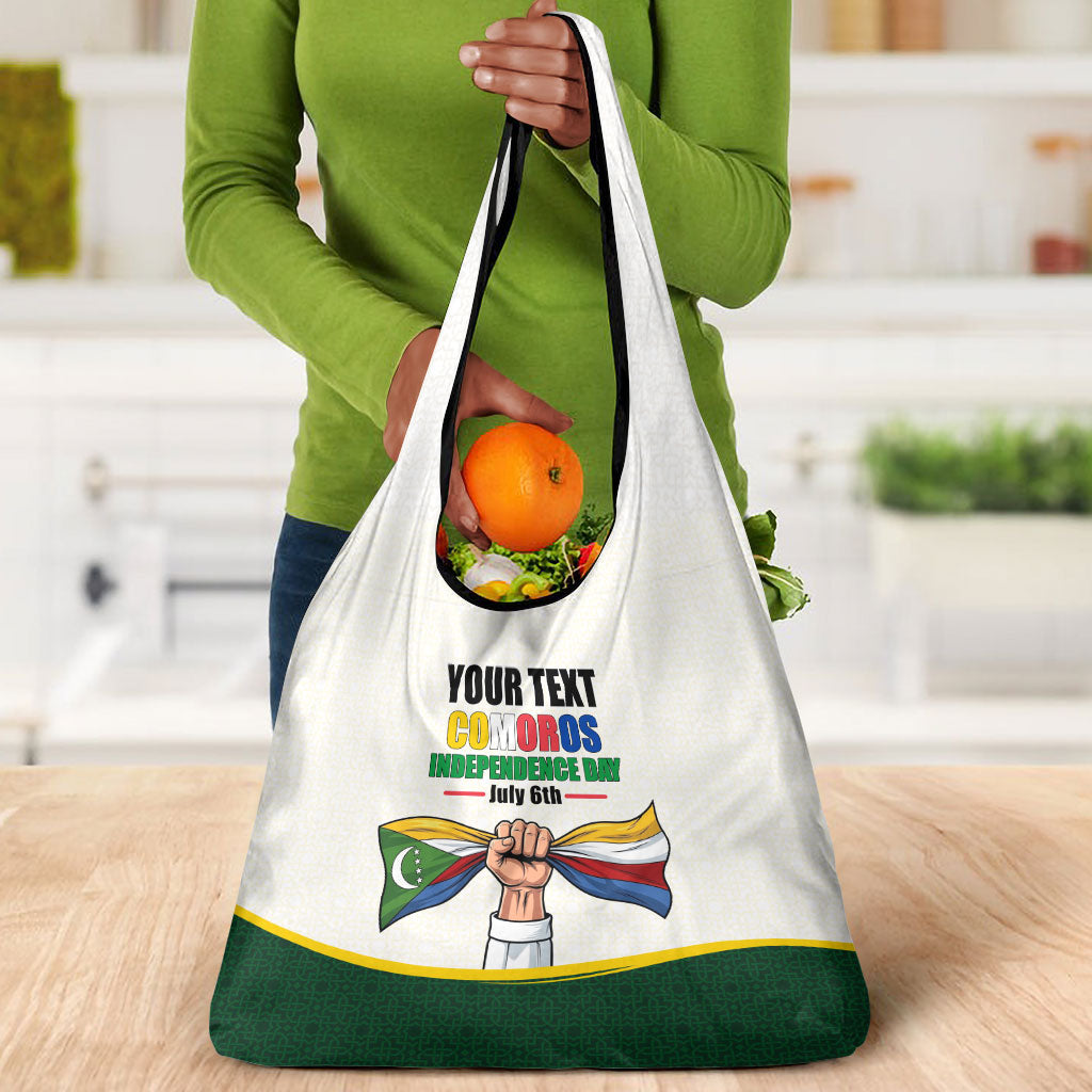 Personalized Comoros Independence Day Grocery Bag July 6th National Pride Flag Graphic With Heritage Emblem