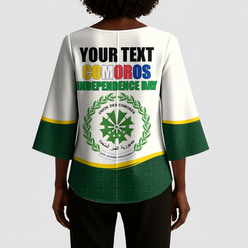 Personalized Comoros Independence Day Kimono Sleeve Blouse July 6th National Pride Flag Graphic With Heritage Emblem