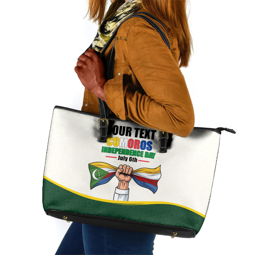 Personalized Comoros Independence Day Leather Tote Bag July 6th National Pride Flag Graphic With Heritage Emblem