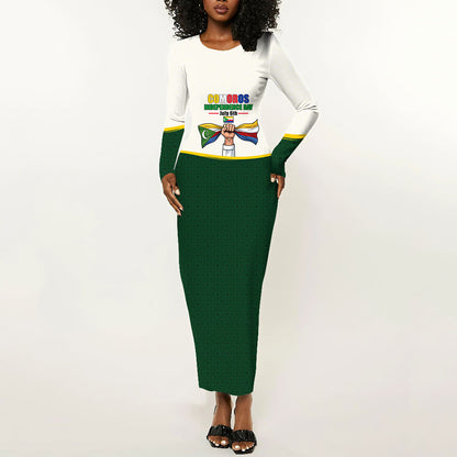 Personalized Comoros Independence Day Long Sleeve Bodycon Dress July 6th National Pride Flag Graphic With Heritage Emblem