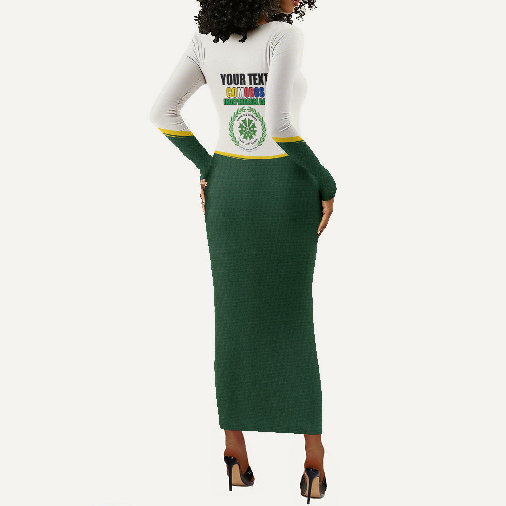 Personalized Comoros Independence Day Long Sleeve Bodycon Dress July 6th National Pride Flag Graphic With Heritage Emblem