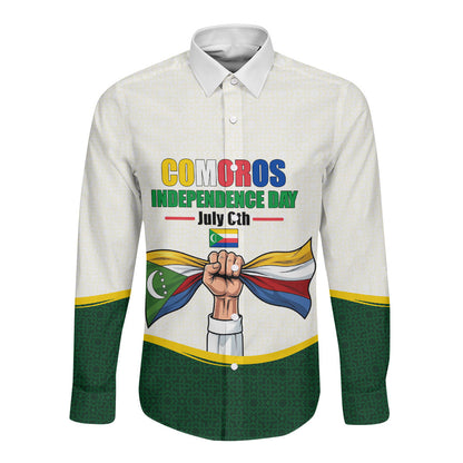 Personalized Comoros Independence Day Long Sleeve Button Shirt July 6th National Pride Flag Graphic With Heritage Emblem