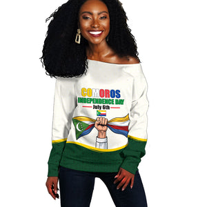 Personalized Comoros Independence Day Off Shoulder Sweater July 6th National Pride Flag Graphic With Heritage Emblem