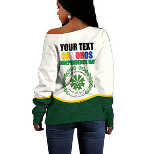 Personalized Comoros Independence Day Off Shoulder Sweater July 6th National Pride Flag Graphic With Heritage Emblem