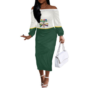 Personalized Comoros Independence Day Off The Shoulder Long Sleeve Dress July 6th National Pride Flag Graphic With Heritage Emblem