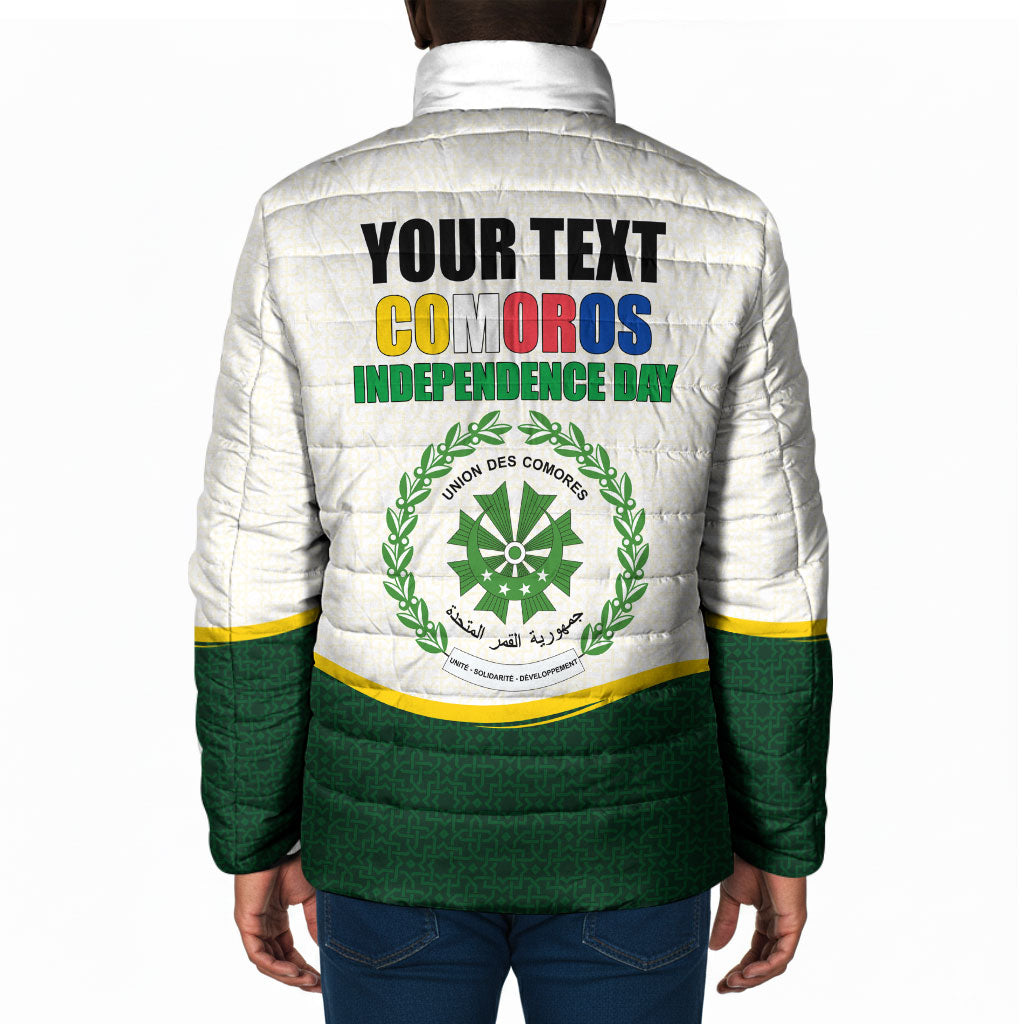 Personalized Comoros Independence Day Padded Jacket July 6th National Pride Flag Graphic With Heritage Emblem